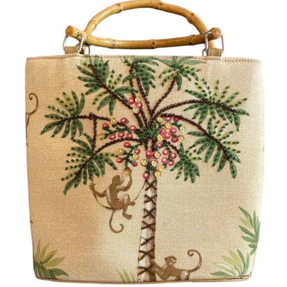 FLASH SALE 🍒 Y2K Vintage tropical theme beaded palm tree n monkey handbag purse - Picture 1 of 15